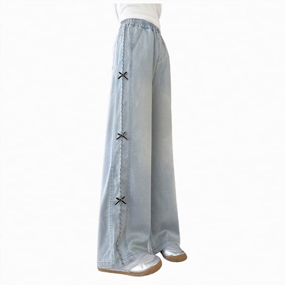 TOWED22 Girls Wide Leg/Flare Jeans Bow Embroidery/Leopard Print Denim Pants with Pockets Casual for Kids 6-14Y Blue,9-10 Y