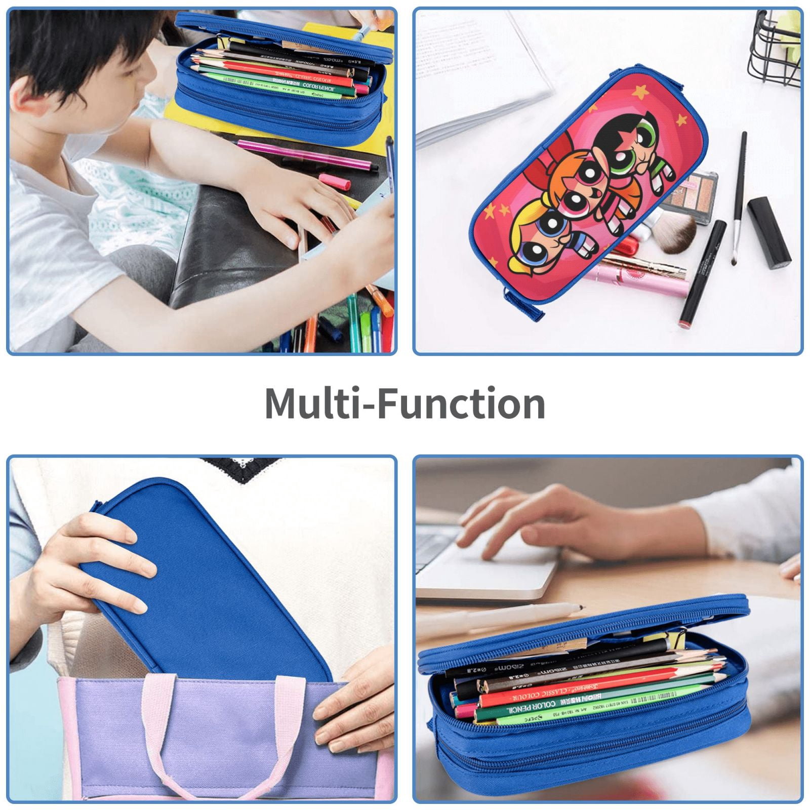 The Powerpuff Gi-rls Pencil Case Large Capacity Pencil Pouch Penbag Office Stationery Organizer Travel Makeup Bag Blue