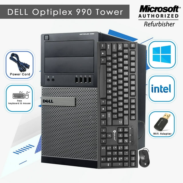 Dell 990 Tower PC Computer, i5 Intel 2400 @3.10GHz, 8GB RAM 250GB HDD, New Keyboard and Mouse, WiFi, Windows 10 Pro (64bit)-Refurbished
