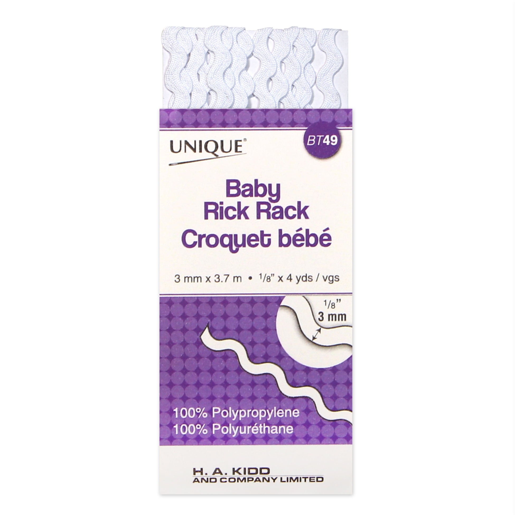 UNIQUE Baby Rick Rack, 3 mm × 3.7 m — White, 3 mm x 3.7 m