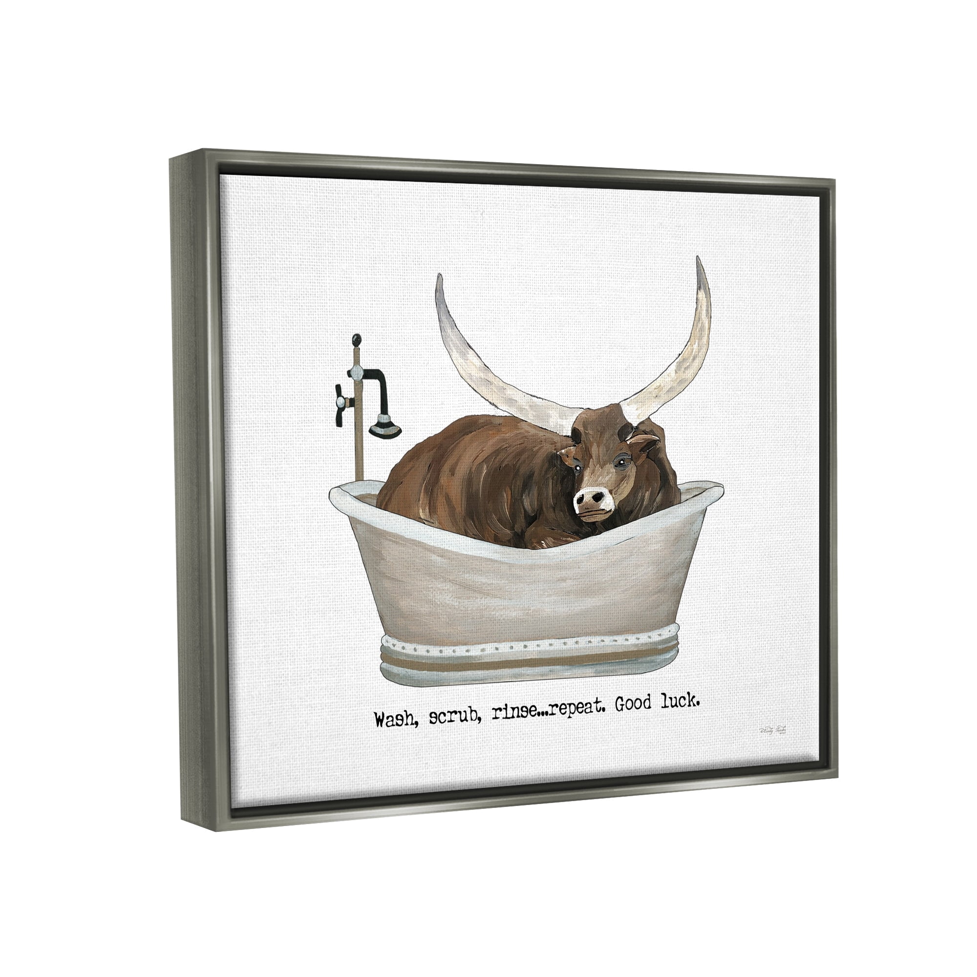 Stupell Industries Longhorn Cattle Bathtub Country Bathroom Typography Graphic Art Luster Gray Floating Framed Canvas Print Wall Art, Design by Cindy Jacobs