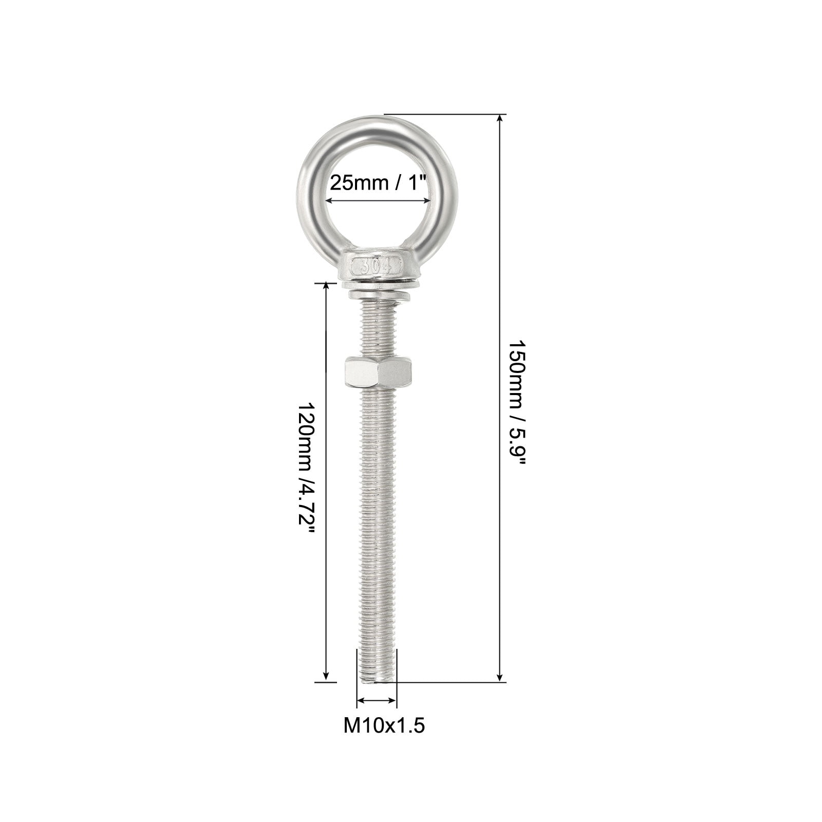 M10x60 3/8"x4.72" Stainless Steel Eye Bolts Threaded Screw Eyebolt Shoulder Ring with Nuts Washers 2 Set