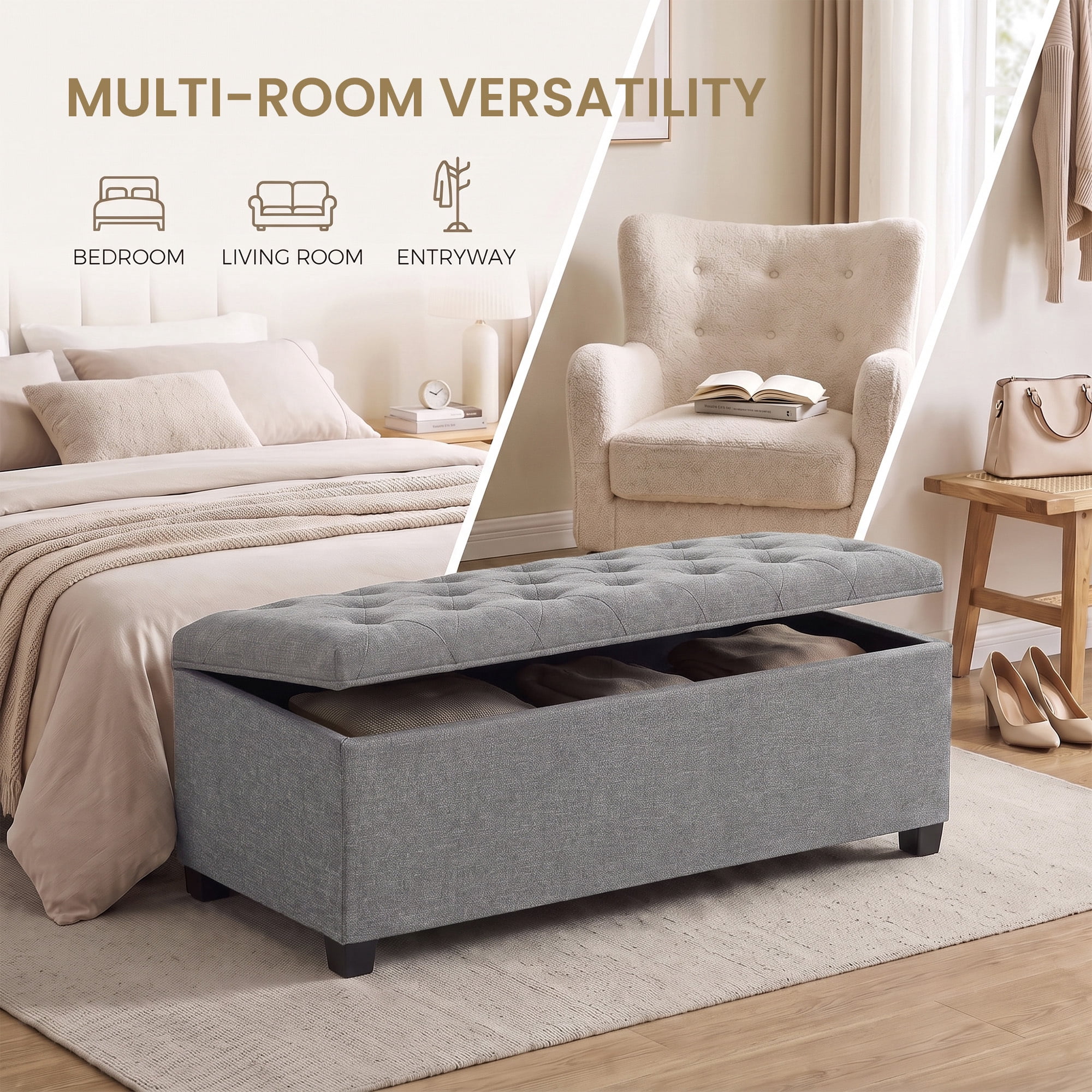 Ledrem Large Storage Ottoman Bench, End of Bed Bench with Tufted Linen-Look Fabric, Light Gray