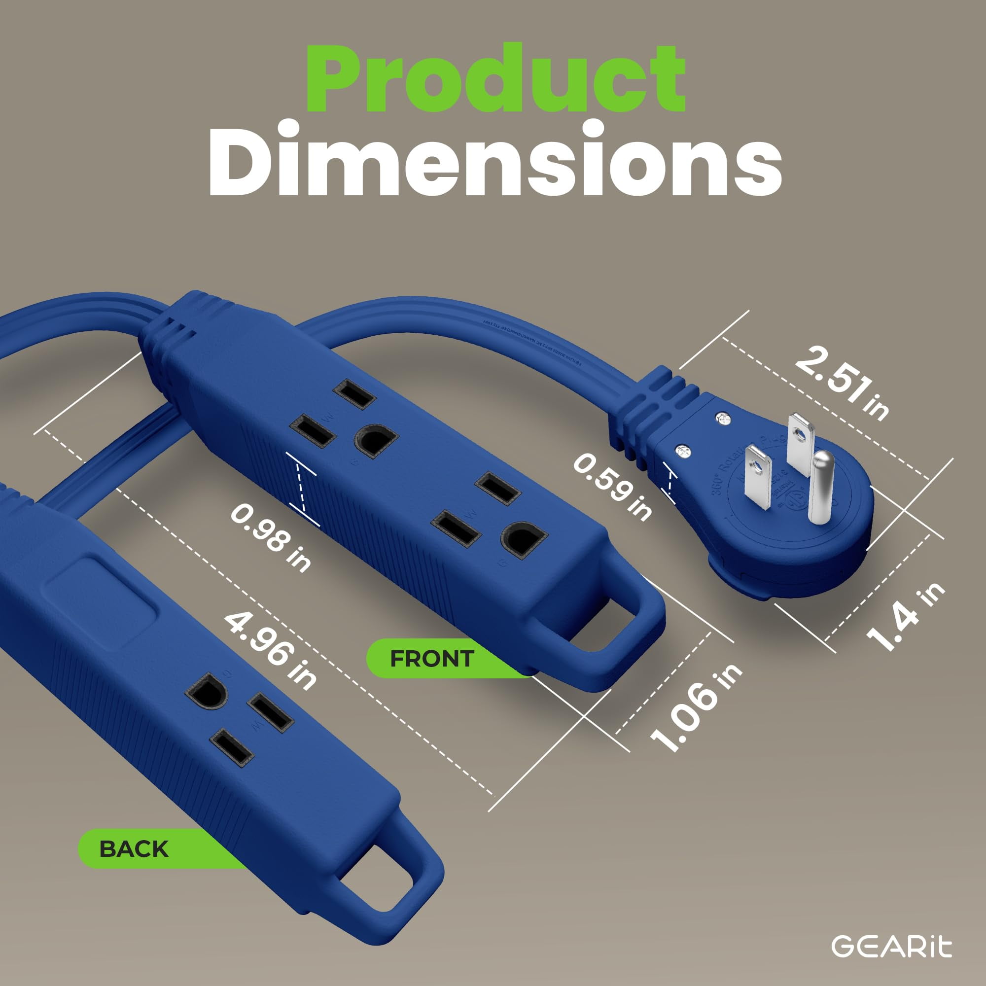 GEARit 360 Rotating Flat Plug Extension Cord with 3 Outlets (25ft, Navy) 16AWG/13A 3 Prong Wire, Outlet Saver for Home Office Dorm Room Essentials, ETL Certified