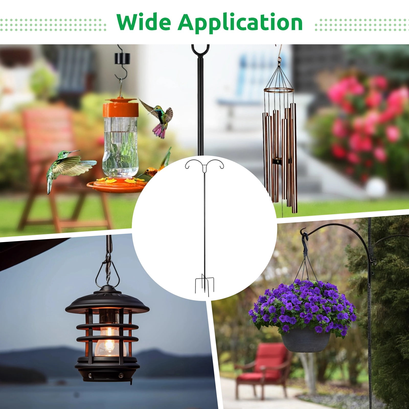 Adjustable Double Shepherds Hook for Outdoor, 98 in Heavy Duty Metal Hanger with 5-Prong Base for Bird Feeders, Two Sided Garden Pole for Hanging Baskets, Lanterns, Wind Chimes