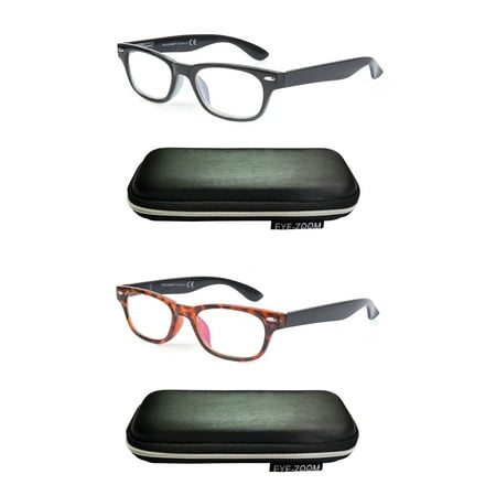 EYE ZOOM 2 Pack Unisex Vintage Plastic Blue Light Blocking Reading Glasses with Case, Black and Tortoise Brown, +2.00