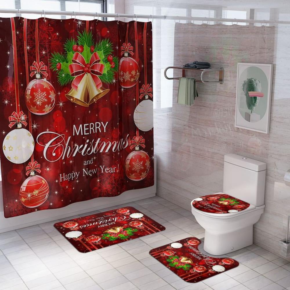 Merry Christmas Bathroom Shower Curtain Wall Decor Bath Rug Mat Toilet Cover Set 