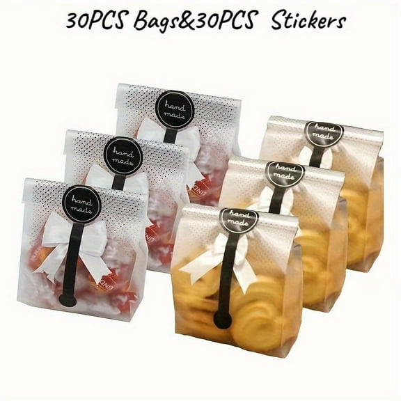30Set Black Dot Cookie Bags, 8.86x3.54in Treat Bags with Stickers, Matte Translucent Plastic Cellophane Pastry Treat Bags for Homemade Cookies, Bread, Candy, Snacks, Party Favors, Bake Sale Packaging