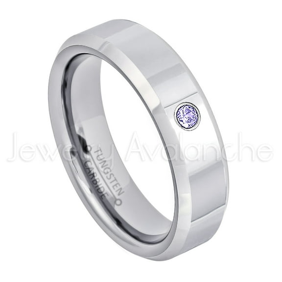 6mm Ladies Polished Beveled Tungsten Ring - 0.07ct Solitaire Tanzanite Ring - Personalized Tungsten Wedding Ring - Custom Made December Birthstone Ring TN048BS