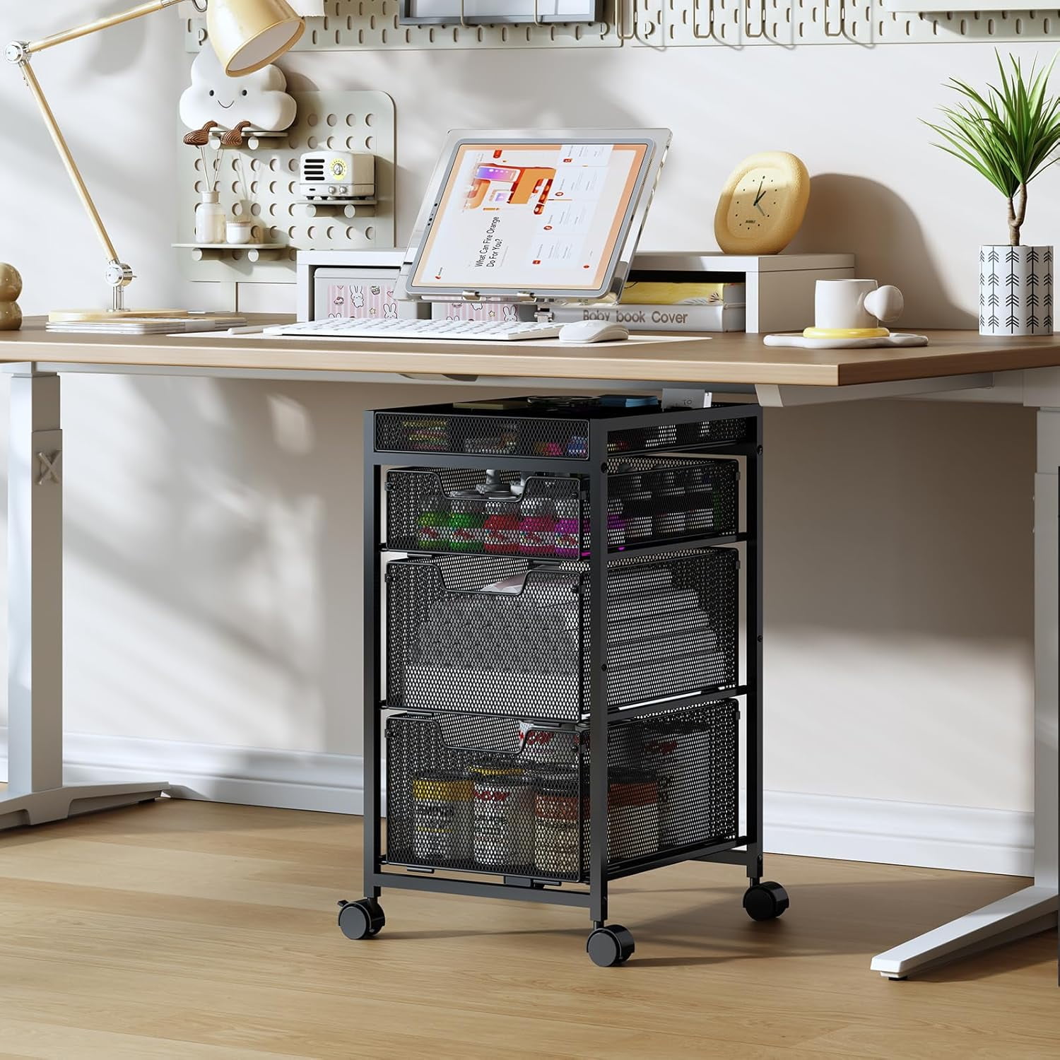 X-COSRACK 3-Drawer Rolling Utility Cart, Heavy-Duty Metal Craft Storage Organizer with DIY Adjustable Dividers & Wheels, Black