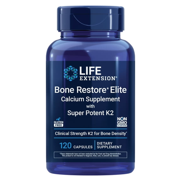 Life Extension Bone Restore Elite Calcium Supplement with Super Potent K2, calcium, vitamin D3, magnesium, boron, zinc, vitamin K2, for bone health, gluten-free, non-GMO, 120 capsules