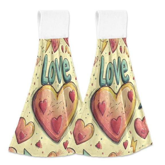 BZSMCE Hanging Hand Towels Fashion Heartfelt Whimsy Pattern 2-Pack - Velcro Style Bathroom Kitchen Towels