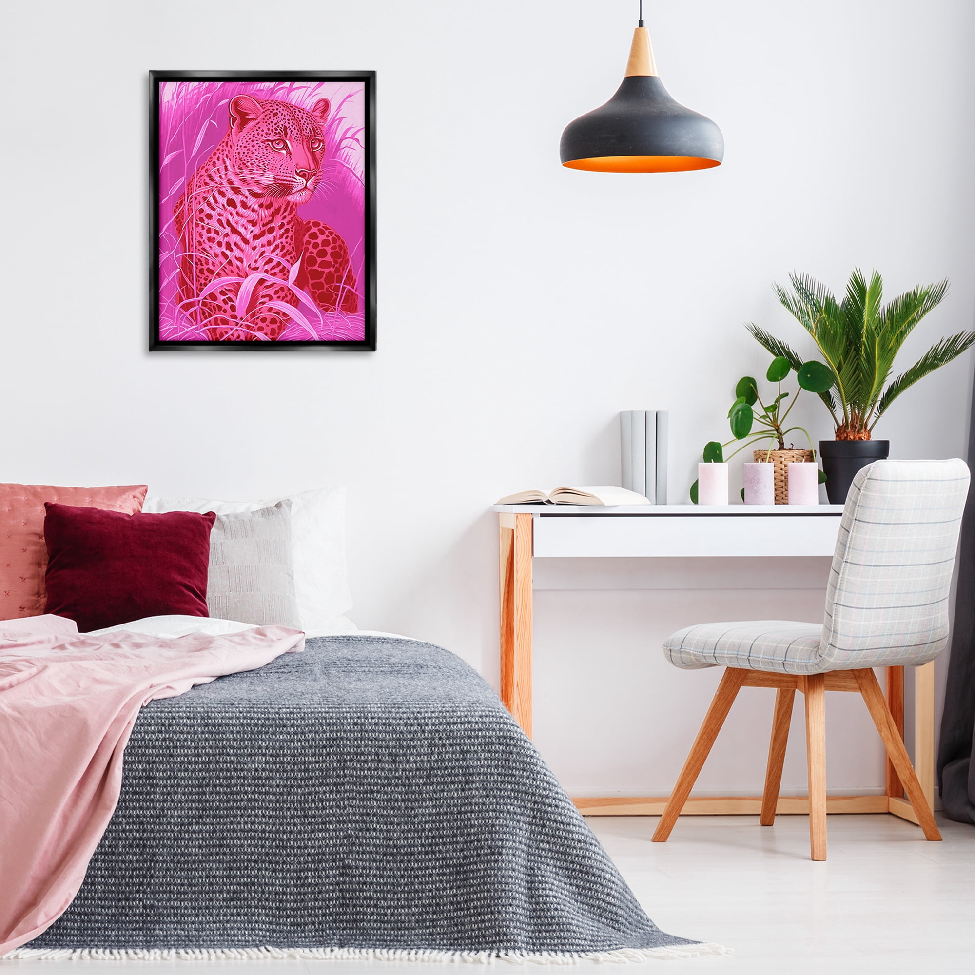Stupell Industries Cheetah Among Pink Leaves Animals Painting Black Floater Framed Canvas Art Print Wall Art, 25 x 31