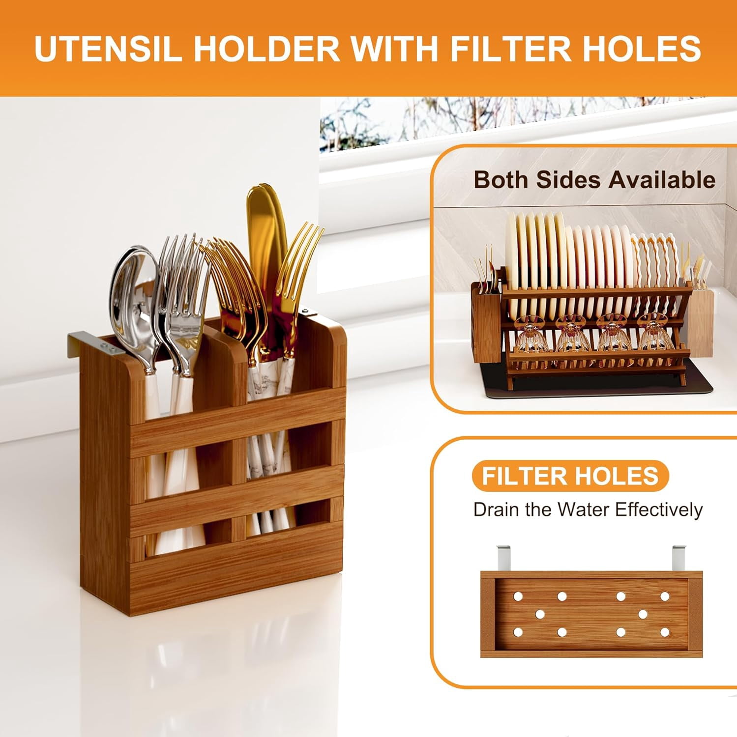 Teak Dish Drying Rack with Utensil Holder, 2 Tier Collapsible Dish Rack, Wooden Dish Racks for Kitchen Counter, Folding Drying Holder with Absorbent Dish Drying Mat