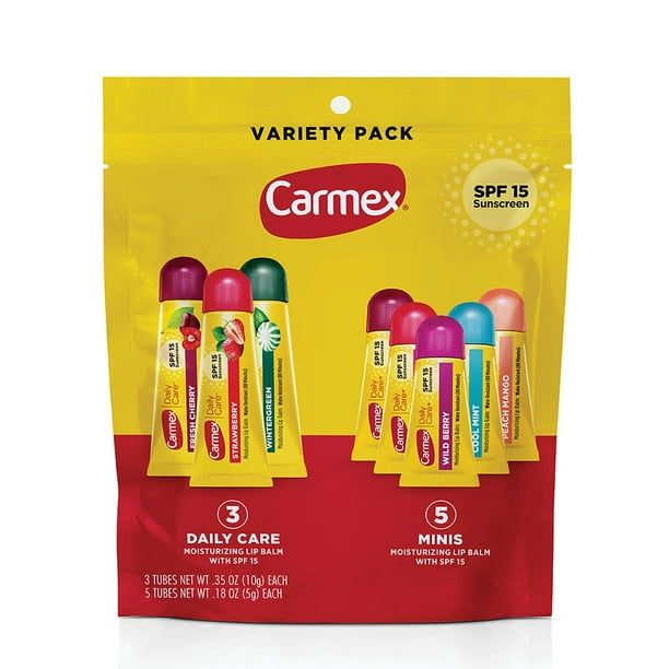 Bálsamo labial Carmex Daily Care con SPF 15, paquete de 8 (3 tubos, 5 minutos)