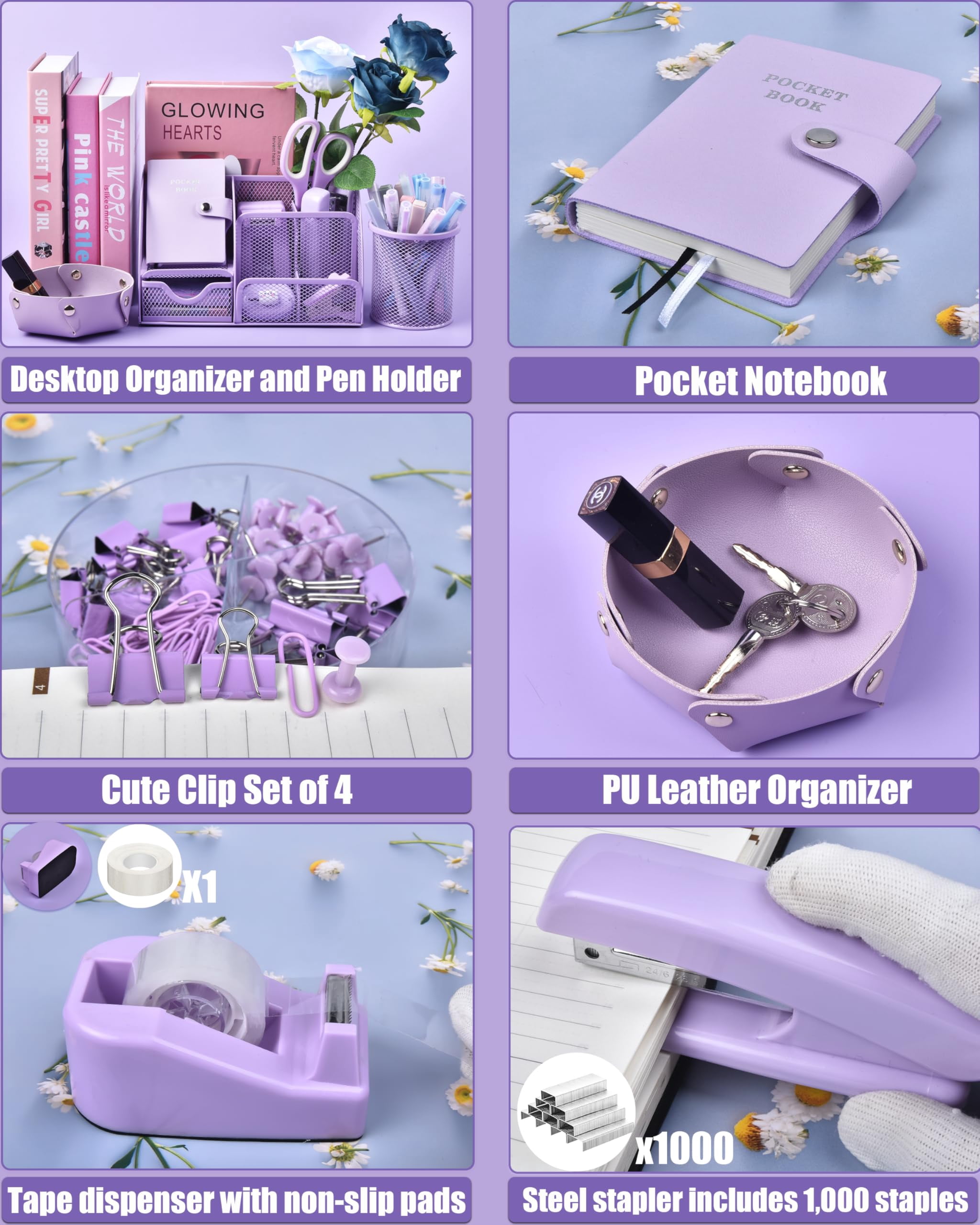 Purple Desk Accessories  26pcs Office Supplies And Organizers With Tape Dispenser Stapler Staple Remover Ect Gift Box Packaging
