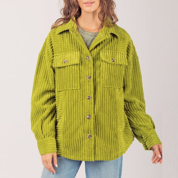 AOOCHASLIY Women Coat Women's Winter Fashion Button Corduroy Stripe Large Pocket Shirt Coat