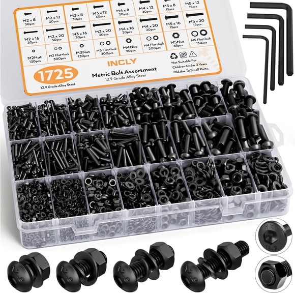 INCLY 1725PCS Nuts and Bolts Assortment Set, M2 M3 M4 M5 Metric Bolts and Nuts Kit with Lock and Flat Washers,Black Hex Socket Head Cap Alloy Steel M