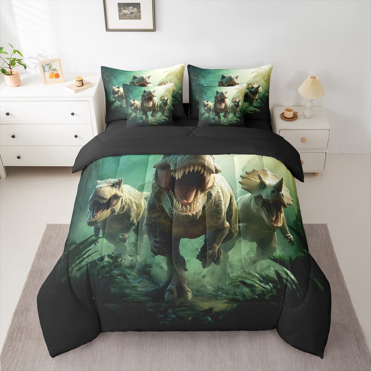 Manfei Boys Dinosaur Twin Bedding Sets 7pcs, Dino Theme Bedding Comforter Set, Jungle Wildlife Sheet Sets, Super Cozy Room Decor