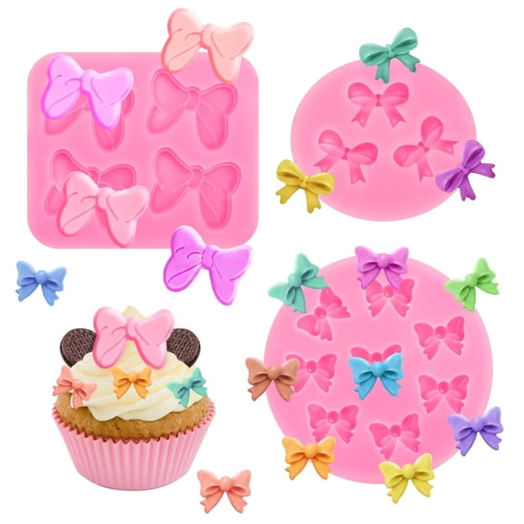 Bow Shaped Silicone Mold Set of 3, Cake Pop Fondant Decorations, Chocolate Candy Molds, Baking Craft Tool for DIY Desserts, Pink