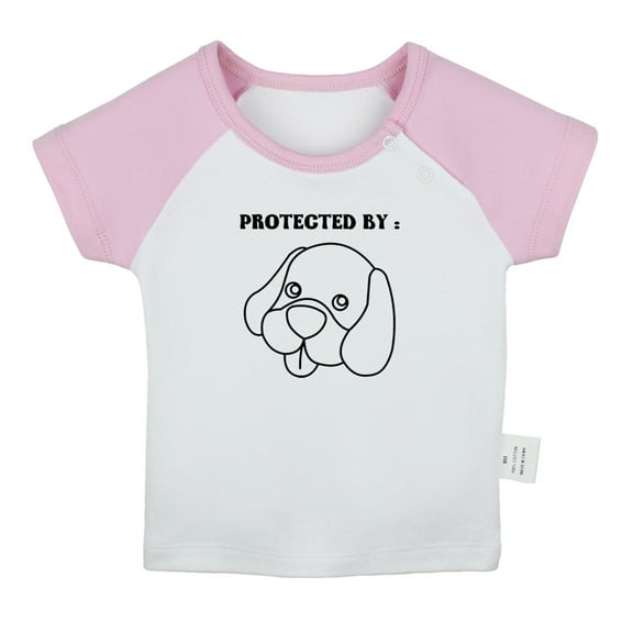 iDzn Protected by Dog Funny T shirt For Baby, Newborn Babies T-shirts, Infant Tops, 0-24M Kids Graphic Tees Clothing (Short Pink Raglan T-shirt, 0-6 Months)