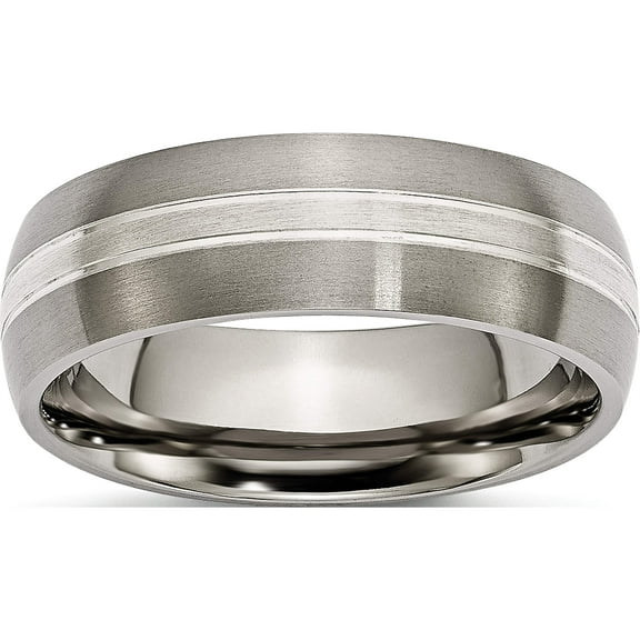 Titanium Brushed/Polished With Sterling Silver Inlay 7mm Grooved Band (Size 6) Made In China tb138-6