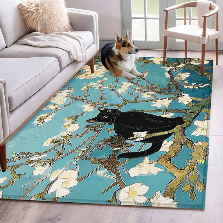 Cartoon Cat Area Rug 4x6 Washable Rug Non Slip Branches Spring