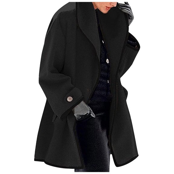 Women's Thick Wool Hooded Cardigan, Solid Color Windbreaker Outerwear, Casual Daily Jacket, Black, L