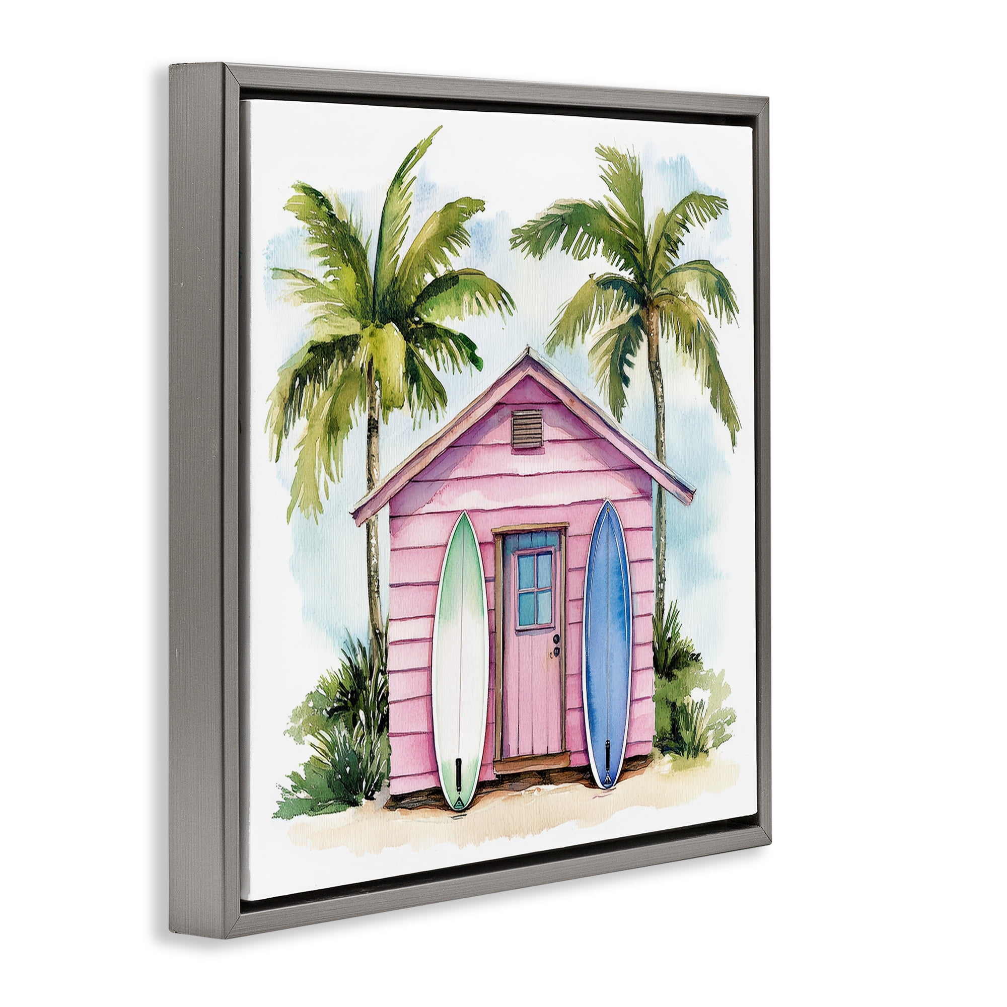 Stupell Industries Surf Shack Under Palms Gray Framed Floater Canvas Wall Art, design by Petal Prints Design