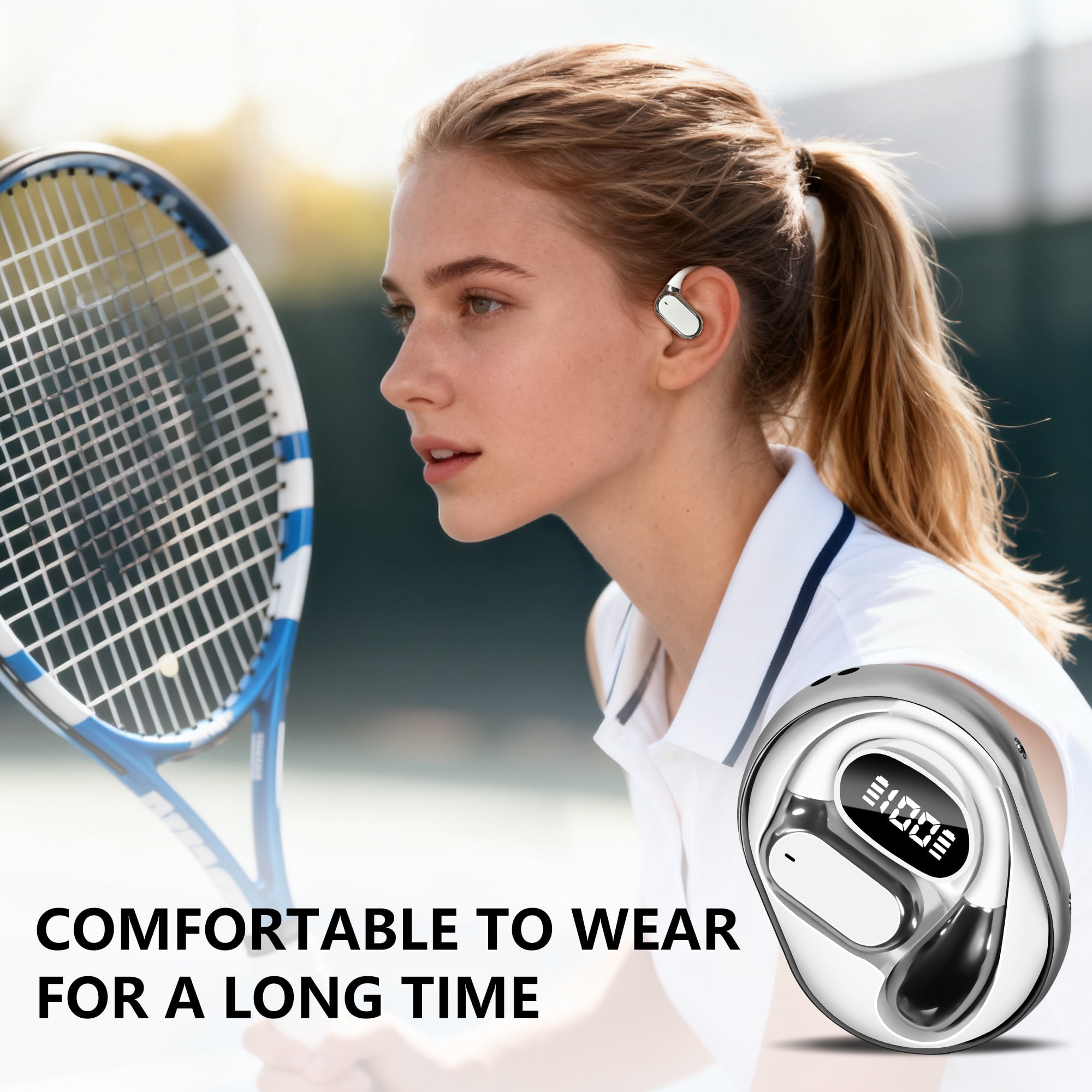 True Wireless Stereo Earphone, Open Ear Touch Control Bluetooth Headphone with Earhook, Type-C Charging Earphone for Meeting/Travel/Video/Game, White