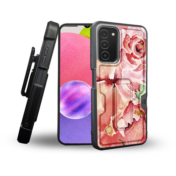 ANJ  Rugged Shockproof Holster Case Card Slot Kickstand   Tempered Glass Cover for Samsung Galaxy A03s - Flower Pedals