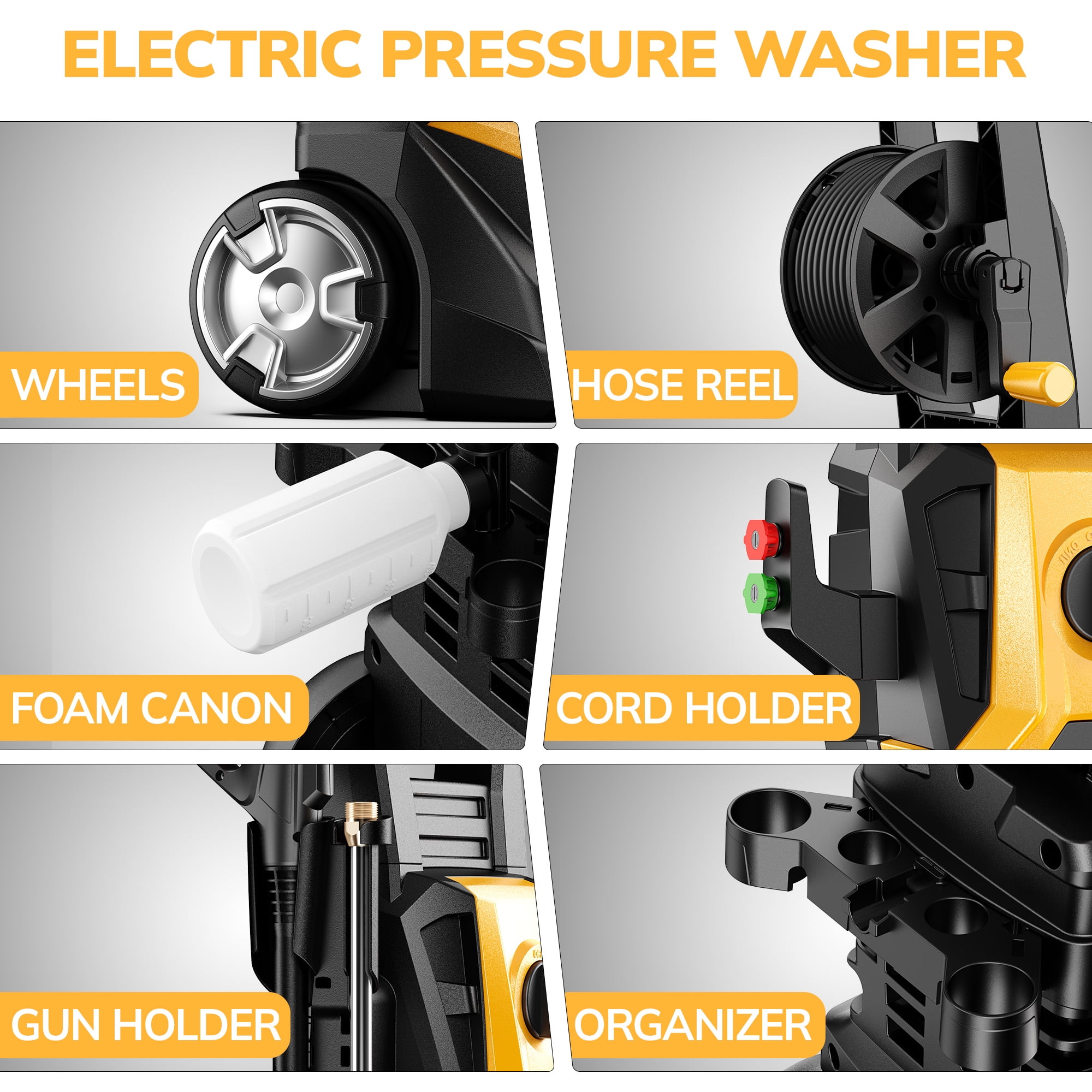 TCISA 3800 PSI Electric Pressure Washer,Max 2.5 GPM Power Washer with 35FT Power Cord 20FT Hose 5 Nozzles,Soap Cannon for Car Garden Yard Hom