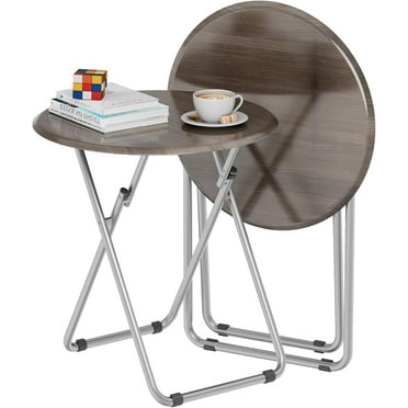 Folding TV Tray Table, Portable TV Dinner Table for Eating, Small Foldable Round Table, TV Side Trays Table Set of 2, 17.5 x 17.5 x 26 in (Walnut, 2Pcs)
