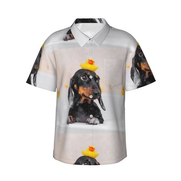 Fotbe Dachshund Sitting in Bathtub Camisa Hawaiana para Hombre Unisex – Camisa Casual de Verano con Botones de Manga Corta de Algodón y Lino,Medium
