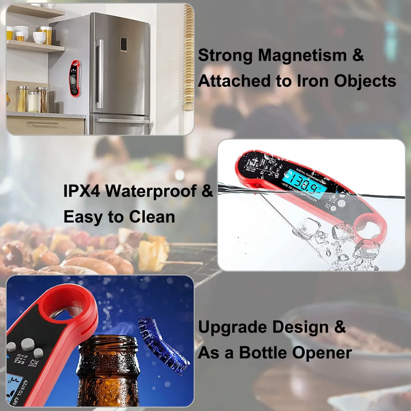 Digital Meat Thermometer for Grilling, Baking & Candy, Instant Read with Foldable Probe, Red/Black Dual Pack​