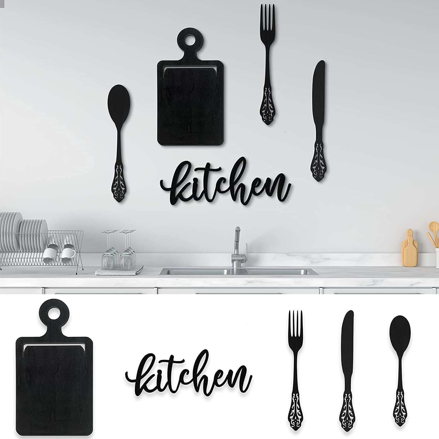 5 Pieces Kitchen Wall Decor Set Wooden Kitchen Wall Art with Knife Fork Spoon Cutting Board Word Sign Rustic Hanging Wall Decals Black Kitchen Sign ...