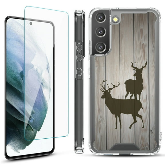 Shockproof Bumper Phone Case for Samsung Galaxy S22  / S22 Plus 5G, with Tempered Glass Screen Protector, by OneToughShield ® - Wood/Deer