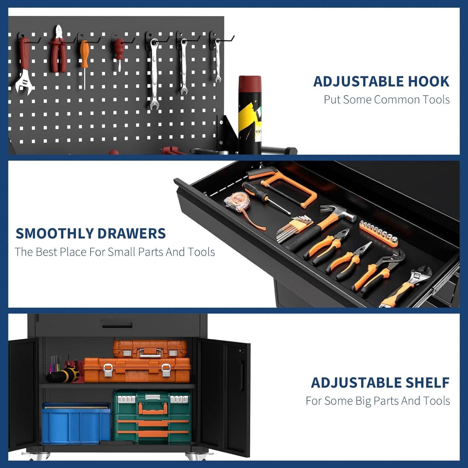 Garvee Rolling Tool Box with Drawers, Toolbox Organization W/Pegboard & Adjustable Shelf for Office, Home, Garage, Black