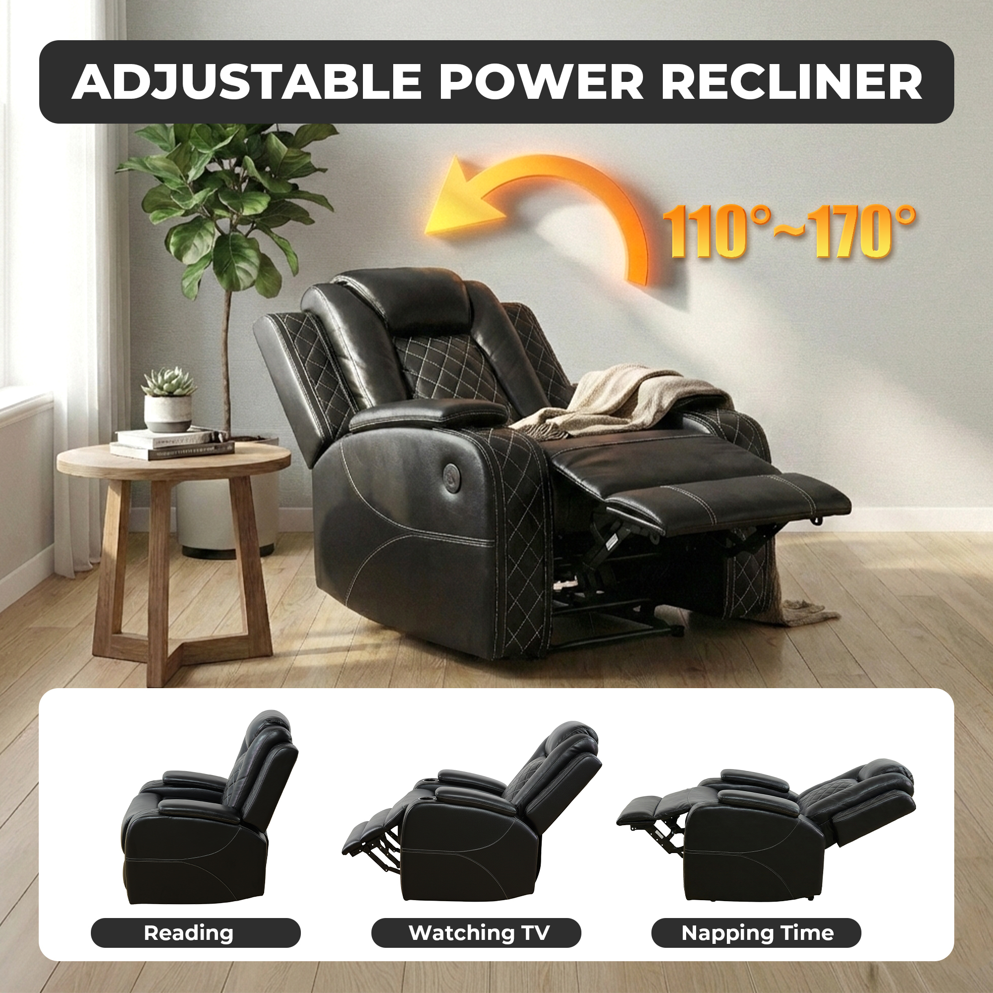 Alvantor Power Recliner Chair with USB Ports Leather Electric Home Theater Seating, Living Room Chair Black