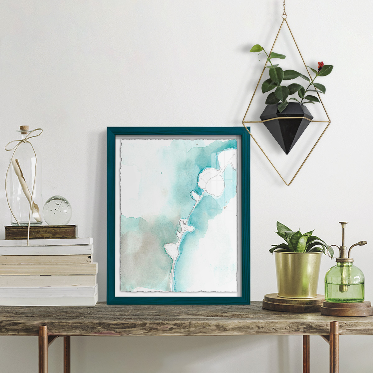 Ginkgo on Dusty Teal VII - Framed Print w/glass - Ocean Blue