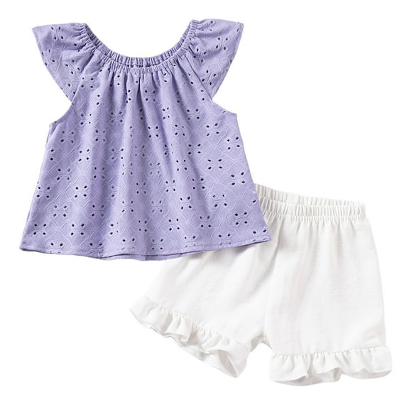 Caqnni Toddler Baby Girl Summer Short Clothes Ribbed Ruffle Sleeve Tops Elastic Drawstring Short Shorts Two Piece Solid Outfit Set Short T-shirt Sets Purple 4-5 Years