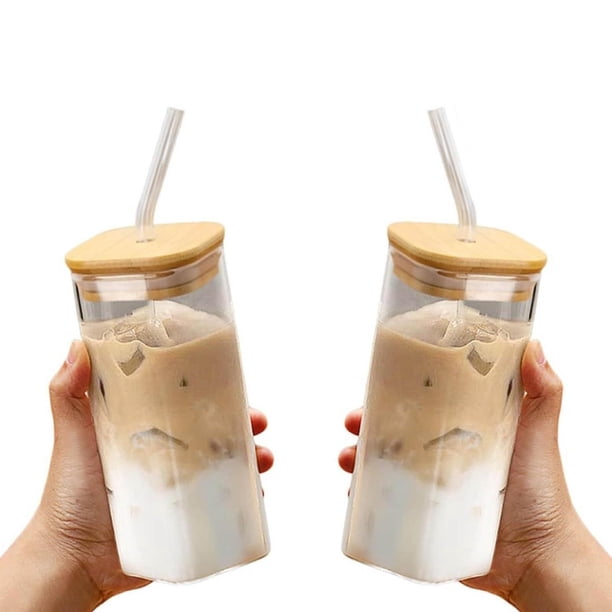 Taza for beber portátil, taza de café cuadrada de vidrio resistente al calor con tapa y pajita, 2 uds.