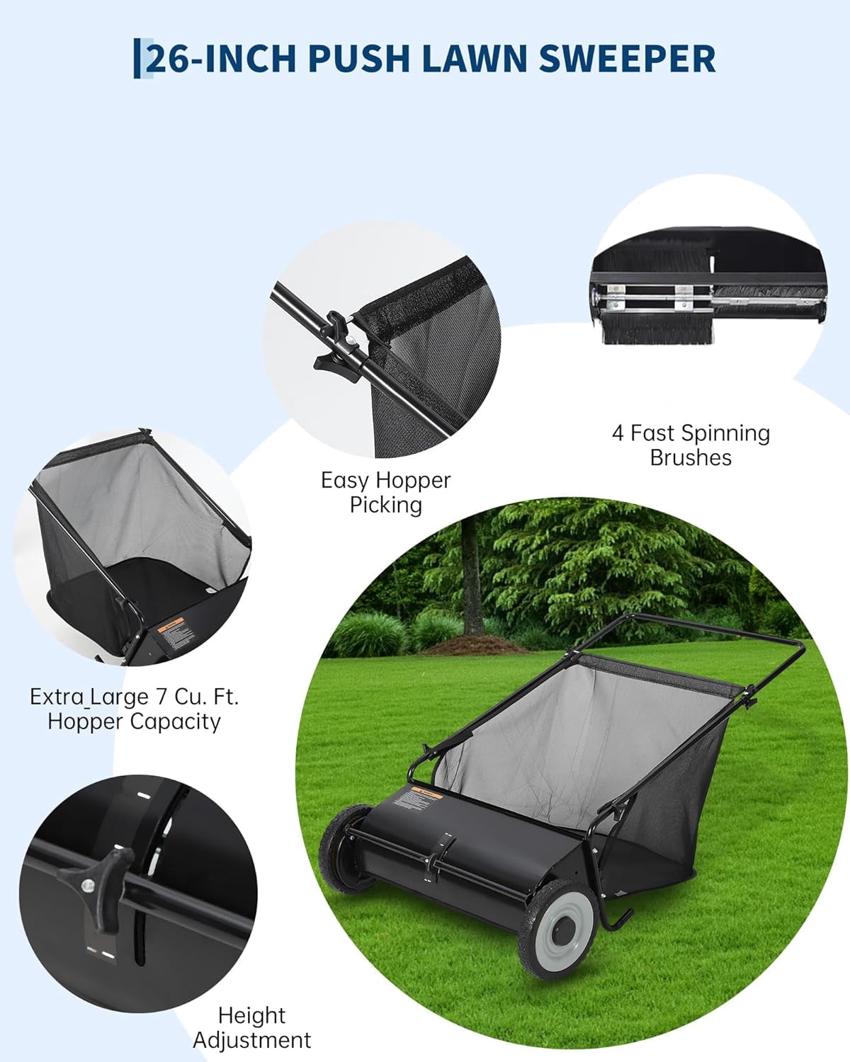 26 in Push Lawn Sweeper,7 Cu. Ft. Hopper Capacity Grass Sweeper,Manual Push Yard Sweeper with Height Adjustment & 4 Fast Spinning Brushes for Grass Clippings,Leaves & Debris,Black