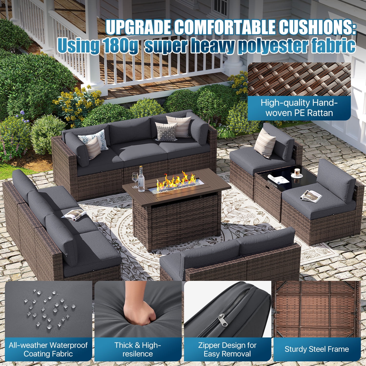 Sunmthink 12-Piece Outdoor Patio Furniture, Patio Furniture Sets with Fire Pit, Wicker Outdoor Conversation Set and Waterproof Cover