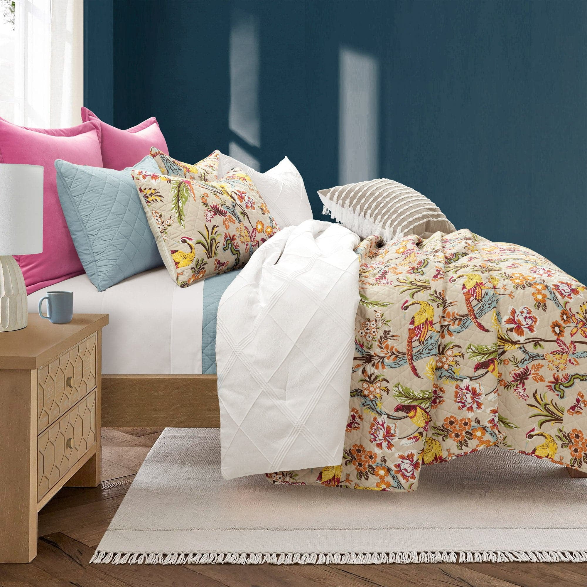 Lush Decor Dolores Nature Cotton Reversible Quilt, King, Yellow/Blue, 3-Pc Set