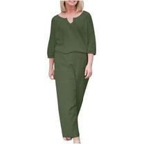 QUYUON Womens Plus Size Linen Pants Sets Casual Loose V-Neck 3/4 Sleeve Tops and Straight Leg Long Pants Lounge Sets Cotton Linen 2 Piece Outfits Pullover Shirts Pants Matching Set Army Green M