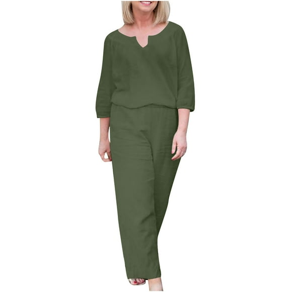 Women's Cotton Linen 2 Piece Outfit Clearance Wide Leg Pants Sets Solid Color Soft Tracksuits Elegant Lounge Sets Loose Clothes for Ladies Casual 3/4 Sleeve V Neck Shirt Army Green XL