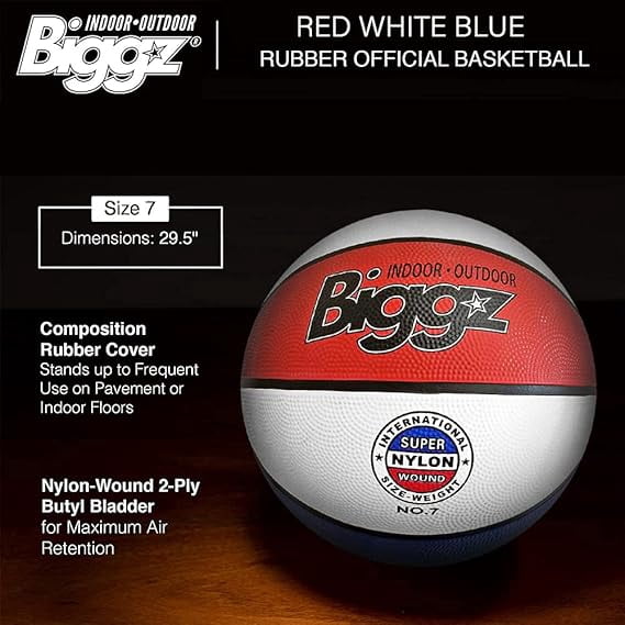Biggz Official 7 Basketballs - Red/White/Blue, 6 Pack, 2-Ply Internal Pressure-Lock Butyl Bladder, Improved Grip, Enhanced Control, All-Court Performance