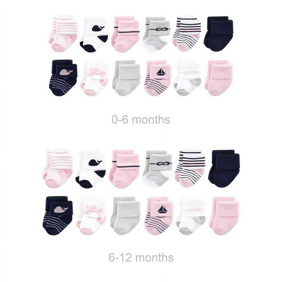 Luvable Friends Infant Girl Grow with Me Cotton Terry Socks, Sailboat, 0-6 and 6-12 Months