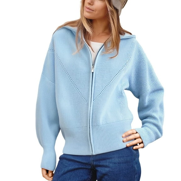 Fiaer.Full Zip Cardigan for Women.Womens Long Sleeve Turtleneck Loose Fit Comfort Casual Trendy Breathable Going out Knit Tops Sky Blue ONE SIZE